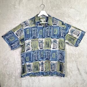 Tori Richard Button Front Hawaiian Shirt L Blue Green USA Made Tropical Cotton